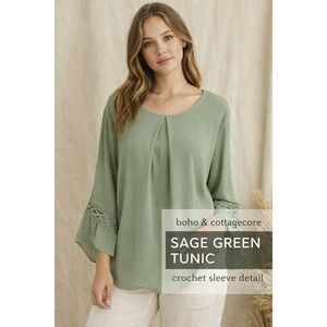 Endless‎ Designs Sage Green Bubble Hem Blouse 3/4 Bell Sleeve Crochet Lace Large